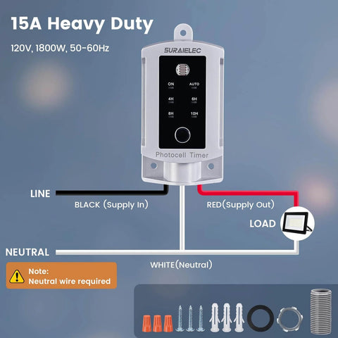 Diagram of 15A heavy duty Dusk To Dawn Outdoor Timer Switch with Photocell Sensor showing wiring setup and included accessories.
