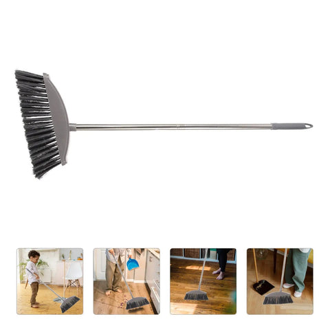 Dark Grey Angle Floor Broom With Long Stainless Steel Handle And Dense Stiff Bristles snags pet hair and kitchen messes.