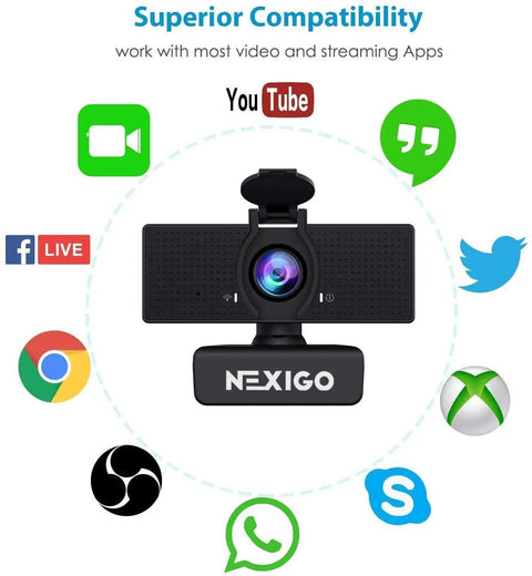 Hella Crisp 1080P USB Web Camera With Integrated Mic And Handy Privacy Flip showing compatibility with streaming apps.