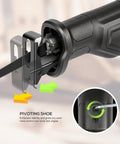 Heavy Duty Corded Reciprocating Saw 120V With 6.0 Amp Motor And 2800 RPM showing pivoting shoe for stability and control.