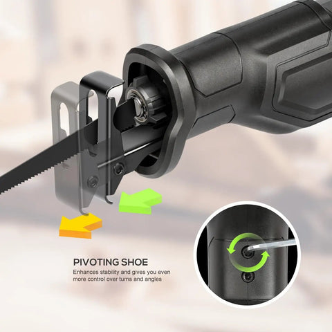 Heavy Duty Corded Reciprocating Saw 120V With 6.0 Amp Motor And 2800 RPM showing pivoting shoe for stability and control.