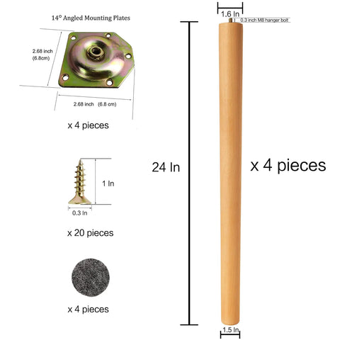 Dimensions and components of 24 Inch Solid European Beech Wood Table Legs Set Of 4 For Desks And Coffee Tables With Angled Mounting Plates