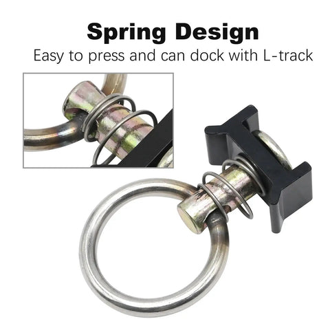 12 Pack L Track Tie Down O Rings Kit showing spring design for L Type Track Fittings, stainless steel ring, easy docking mechanism.