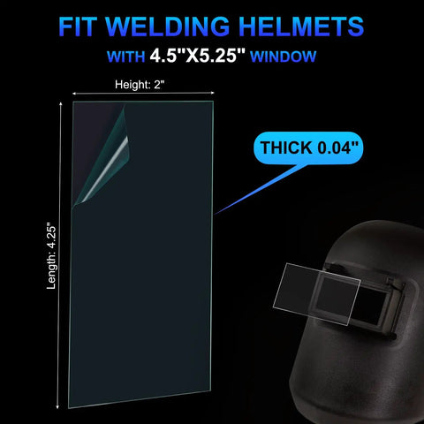 Workhorse Transparent Welding Lens Covers 100 Pack Real Deal Clear Filter 2X4 Replacement Shield showing dimensions 4.25x2 inches.