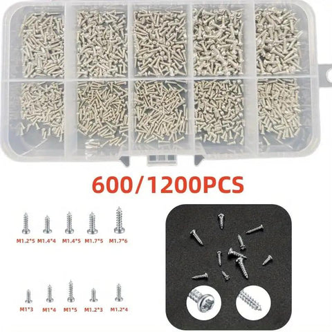 Hex Bolts And Miniature Self-Tapping Screws Set, 600/1200 Piece Kit With Crosshead Screws in plastic classification box