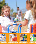 Two young kids on a Double Rocking Seesaw Teeter Totter for Two Kids Ages 3 to 5 Outdoor Backyard Ride on Playground Toy Built From Durable Steel Seesaw Chair for Backyard Fun.