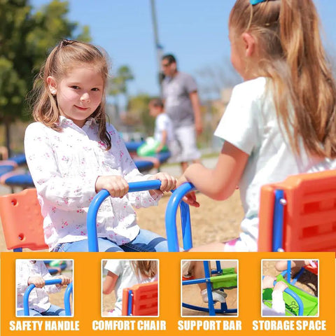 Two young kids on a Double Rocking Seesaw Teeter Totter for Two Kids Ages 3 to 5 Outdoor Backyard Ride on Playground Toy Built From Durable Steel Seesaw Chair for Backyard Fun.