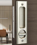 6.3 Inch Silver Invisible Recessed Handle Latch With Keys For Interior Pocket Door Lock And Sliding Barn Door Lock Zinc Alloy Electroplated Brushed Nickel Finish Anti Corrosion Dust And Oil Resistant Chamfered Edge Left Or Right US Standard Doors installed in wooden door