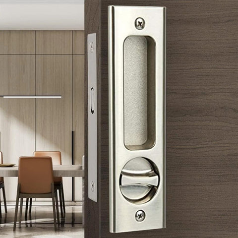 6.3 Inch Silver Invisible Recessed Handle Latch With Keys For Interior Pocket Door Lock And Sliding Barn Door Lock Zinc Alloy Electroplated Brushed Nickel Finish Anti Corrosion Dust And Oil Resistant Chamfered Edge Left Or Right US Standard Doors installed in wooden door