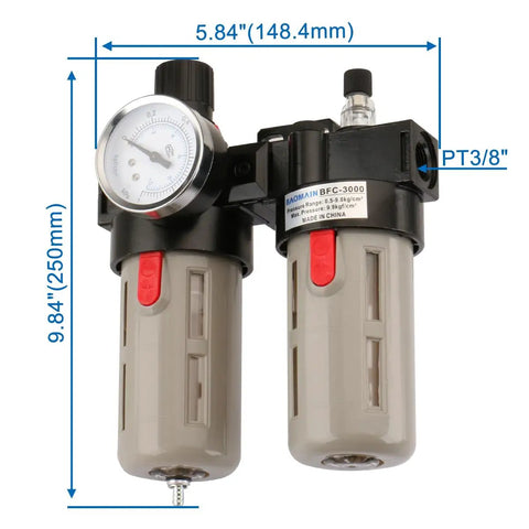 Air Source Treatment Unit with Three Eighths Inch FRL Filter Regulator Lubricator Combo and included pressure gauge