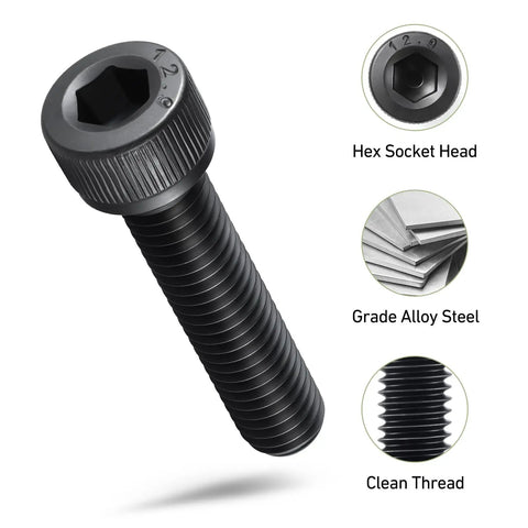 Badass Pro Grade M8 Hex Socket Cap Screws 30 Pack 12.9 Alloy Steel Bolts showing hex socket head and full thread design.