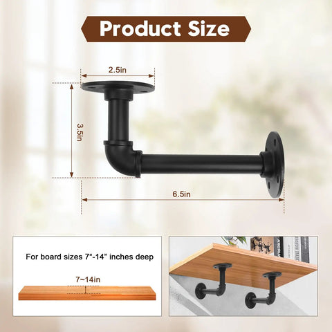 Heavy Duty Pipe Shelf Brackets Six Pack L Shaped Iron Shelving Brackets For 7 To 14 Inch Boards with size dimensions.