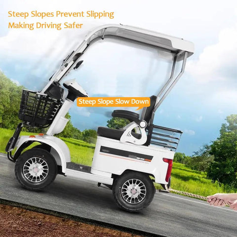 Legit 60V Electric Mobility Scooter Built Tough with 650 Watt Motor on a road, showcasing safety features for steep slopes.
