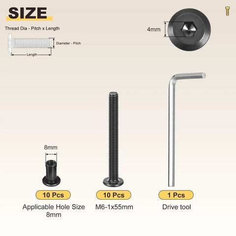 Toughest As Nails Furniture Crib Screw Replacement Set With M6 Barrel Nuts And Flat Head Bolts Including Sturdy Wrench For Zero Wiggle Wood Frame Assembly Fixes size chart showing screws and barrel nuts.
