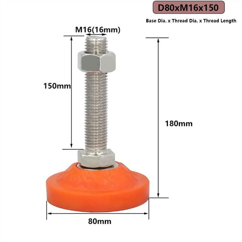 Beefy, Rock Solid Heavy Duty Adjustable Feet Set With M16 Threaded Leveling Feet And Shockproof PVC Base For Tables Shelves And Industrial Equipment, Easy Swivel Levelers, Stable Support For Home Office Workshop And Heavy Furniture. M16 80x150mm foot with orange PVC base