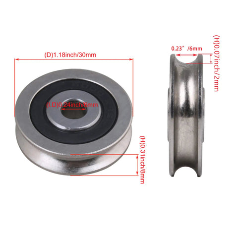 U Shaped Sealed Ball Bearing 6x30x8mm Steel 625 Guide Pulley Rail Bearing For Linear Motion, side view with size labels