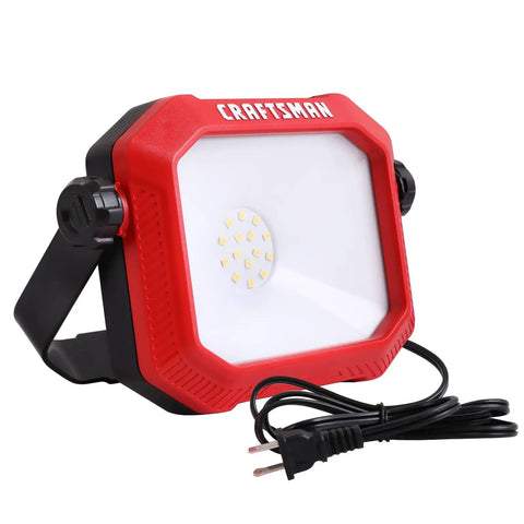 1100 Lumen LED Work Light With Tiltable Head Red Finish shown with rotating stand and 5 Ft power cord