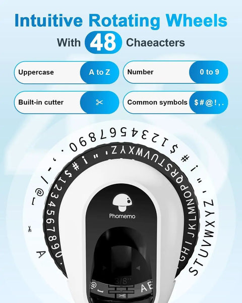 Illustration showing rotating wheels of Retro Manual Embossing Label Maker Kit with 48 characters, letters, numbers, and symbols.