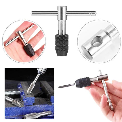 Six Piece Adjustable T Handle Tap Wrench Set With Ratchet Tap Holder And Five Metric Taps M3 M4 M5 M6 M8 shown in use
