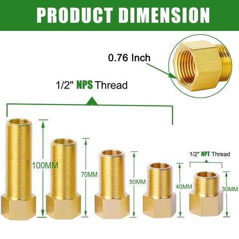 Brass 1/2 in pipe extension fittings, 5 pieces: hex bushings for 1/2 in NPS to 1/2 in NPT, lengths 30–100 mm