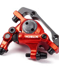 Red Ride-Ready Front Line-Pull Hydraulic Disc Brake Kit For Mountain Bikes, Road Bikes, BMX And Fixie, close-up view of caliper
