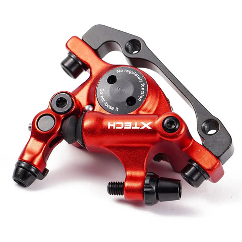 Red Ride-Ready Front Line-Pull Hydraulic Disc Brake Kit For Mountain Bikes, Road Bikes, BMX And Fixie, close-up view of caliper