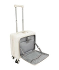 16 Inch Underseat Carry On Luggage Hard Shell With Spinner Wheels Airline Approved TSA Lock Front Pocket Ultra Lightweight Personal Item For Women And Men White, front pocket open