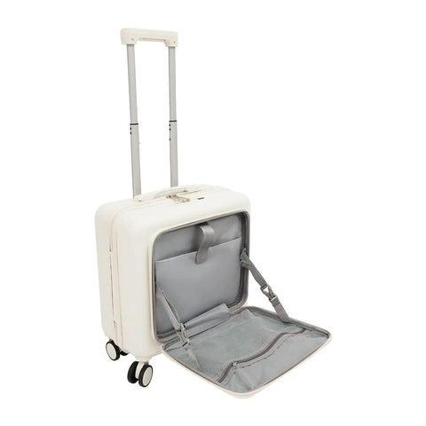 16 Inch Underseat Carry On Luggage Hard Shell With Spinner Wheels Airline Approved TSA Lock Front Pocket Ultra Lightweight Personal Item For Women And Men White, front pocket open