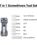 Compact Folding Screwdriver Kit With Seven Tools Including Four Allen Wrenches 2.5 3 4 And 3/16 Inch Plus Flat Phillips And Torx T25