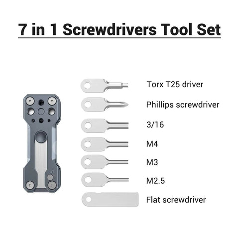 Compact Folding Screwdriver Kit With Seven Tools Including Four Allen Wrenches 2.5 3 4 And 3/16 Inch Plus Flat Phillips And Torx T25