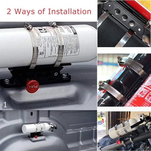 Quick Release Fire Extinguisher Mount For Roll Bars Aluminum Bottle Holder Ready To Grab And Go Easy On Off Adjustable Fit For Jeep Wrangler TJ JK JL JKU UTV Polaris RZR Ranger Black shown with two installation methods.