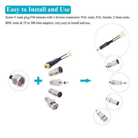 Universal FM Antenna With Magnetic Base 75 Ohm Screw F Male Plug PAL BNC 3 5mm Adapters And 75 To 300 Ohm Coax Cable connectors