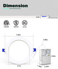 VOLISUN 8 Pack 7 inch Recessed Lighting, 5CCT, 2700K-5000K Selectable dimensions with measurements and design.