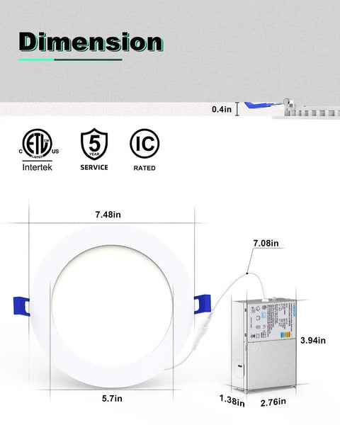 VOLISUN 8 Pack 7 inch Recessed Lighting, 5CCT, 2700K-5000K Selectable dimensions with measurements and design.