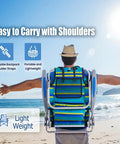 Person carrying Portable Camping Recliner Chair For Adults With 5 Adjustable Positions And Lay Flat Mode on a beach.