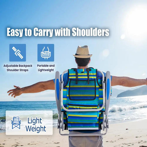 Person carrying Portable Camping Recliner Chair For Adults With 5 Adjustable Positions And Lay Flat Mode on a beach.
