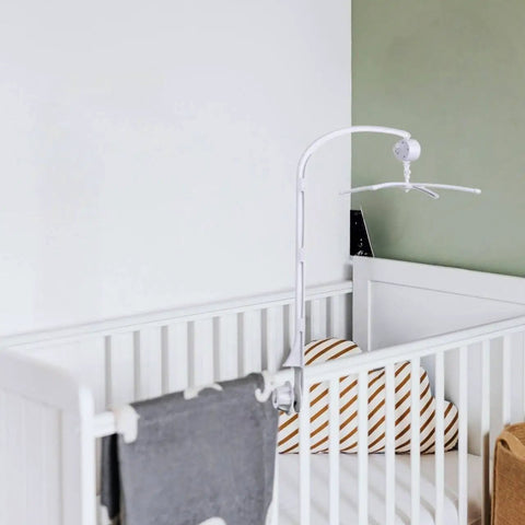 Top Notch 34 Inch Baby Crib Mobile Bed Bell Stand With Manual Wind Up Music Box displayed over a crib with plush toys.