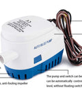 Automatic Submersible Bilge Pump 12V 750 GPH With Float Switch And Snap Off Strainer Three Quarter Inch Outlet For Boats Ponds Pools And RVs Delivers Strong Drainage Easy Install No Fuss Maintenance Durable Marine Grade Pump For Wet Conditions close-up showing 19mm outlet and labeled features.