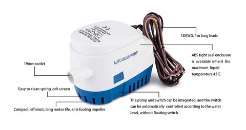 Automatic Submersible Bilge Pump 12V 750 GPH With Float Switch And Snap Off Strainer Three Quarter Inch Outlet For Boats Ponds Pools And RVs Delivers Strong Drainage Easy Install No Fuss Maintenance Durable Marine Grade Pump For Wet Conditions close-up showing 19mm outlet and labeled features.