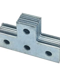 Four Hole T Shaped Brackets Flat Plate For Half Inch Bolt In One And Five Eighths Inch Strut Channel Heavy Duty Unistrut Compatible Mounting Brackets For Construction Framing And Channel Support With Slotted Holes, galvanized steel, front view