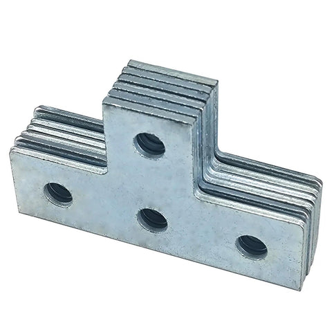 Four Hole T Shaped Brackets Flat Plate For Half Inch Bolt In One And Five Eighths Inch Strut Channel Heavy Duty Unistrut Compatible Mounting Brackets For Construction Framing And Channel Support With Slotted Holes, galvanized steel, front view
