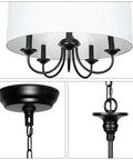 Close-up collage of a Five Light Traditional Chandelier With White Linen Drum Shade Dope Adjustable Height Oil Rubbed Black Finish Modern Ceiling Light Fixture For Dining Room Living Room Bedroom Or Foyer Black And White showing the white drum shade, black metal arms, ceiling attachment, and chain detail.