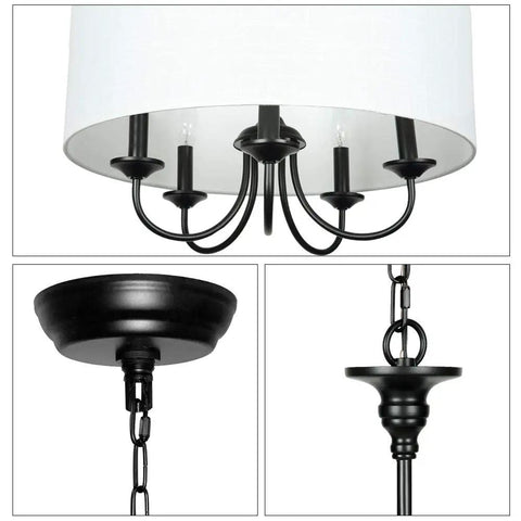 Close-up collage of a Five Light Traditional Chandelier With White Linen Drum Shade Dope Adjustable Height Oil Rubbed Black Finish Modern Ceiling Light Fixture For Dining Room Living Room Bedroom Or Foyer Black And White showing the white drum shade, black metal arms, ceiling attachment, and chain detail.