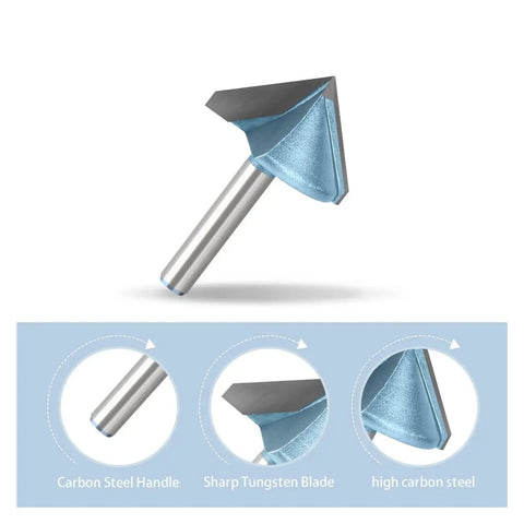 Precision 6mm Left And Right 90 Degree V Groove Router Bit For Wood Engraving, Sign Making And Cabinetry Projects With Ultra Sharp 1/4 In Shank Design For Flawless Bevel Cutting, showing carbide blade and steel handle.