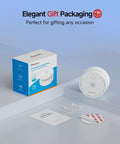 No Sweat Photoelectric Smoke Detector, Battery Powered Fire Alarm For Home Safety, UL Certified Compact Build with white shell and package.