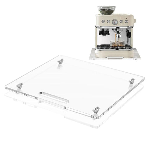 Smooth Operator Heavy Duty Acrylic Countertop Slider Tray With Quiet Rubber Wheels For Scratch Free Furniture Moving And Top Shelf Counter Protection Straight Up Legit Gear, clear acrylic tray with handles next to coffee machine.