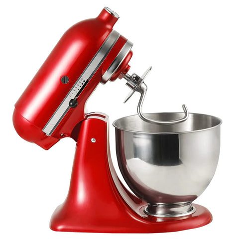 Red stand mixer with attached stainless steel dough hook and bowl, compatible with 4.5-5 quart KitchenAid mixers for effortless dough kneading.