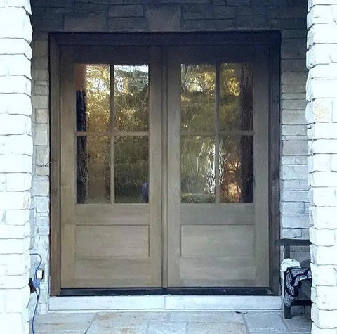 Legit Reactive Water Based Wood Stain With A Slick Reclaimed Vibe Weathered Tan Tones on double entry doors.