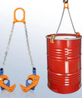 Front view of FAHKNS drum lifter with two orange clamps and G80 chain lifting a 55-gallon drum.