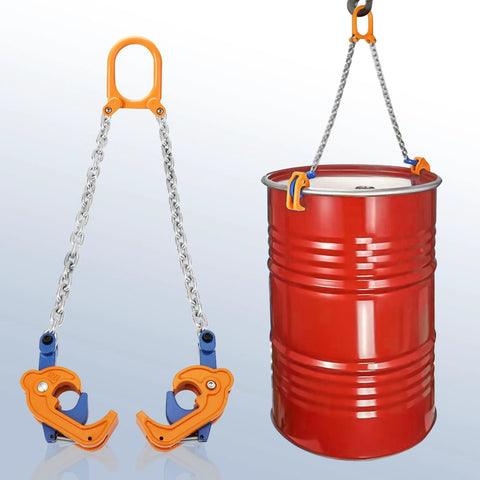 Front view of FAHKNS drum lifter with two orange clamps and G80 chain lifting a 55-gallon drum.